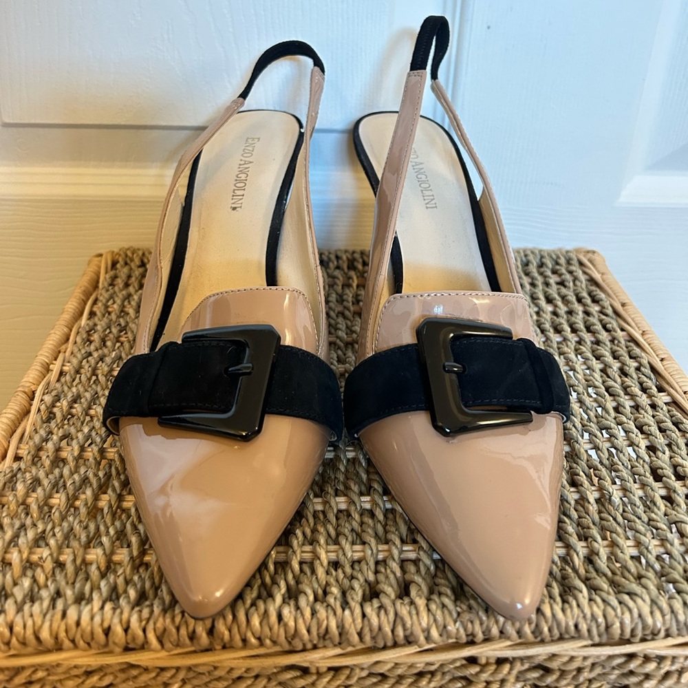 Enzo Angiolini nude and black buckle heels